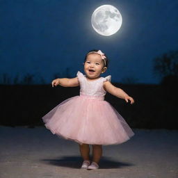 A cute baby girl joyfully dancing under a glowing, full moon.