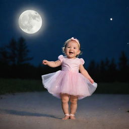 A cute baby girl joyfully dancing under a glowing, full moon.