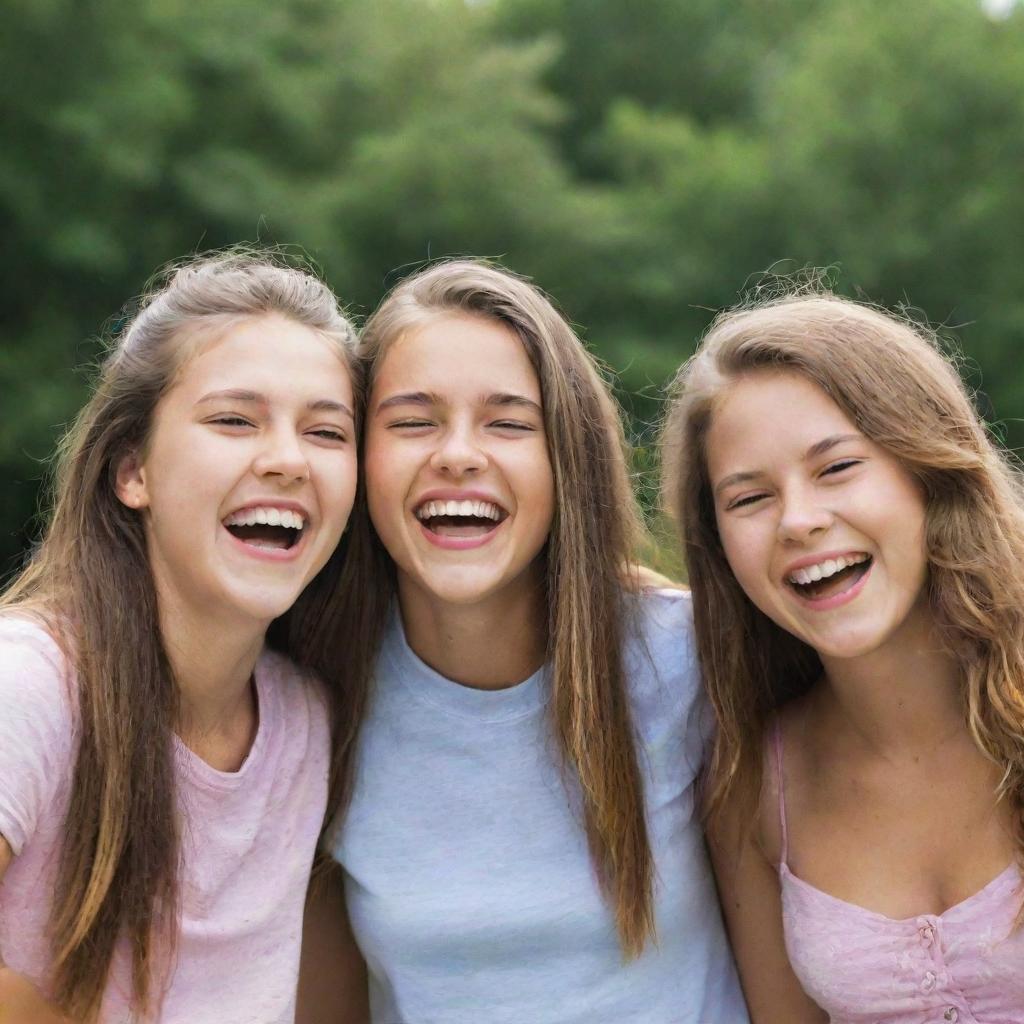 Three beautiful teenagers during a joyous day, laughing and having fun.