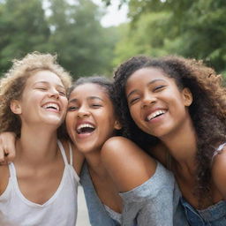 Three beautiful teenagers during a joyous day, laughing and having fun.