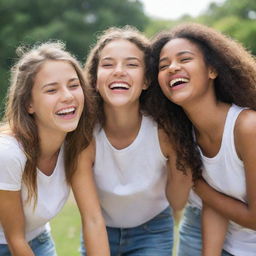 Three beautiful teenagers during a joyous day, laughing and having fun.