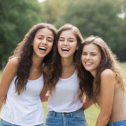 Three beautiful teenagers during a joyous day, laughing and having fun.