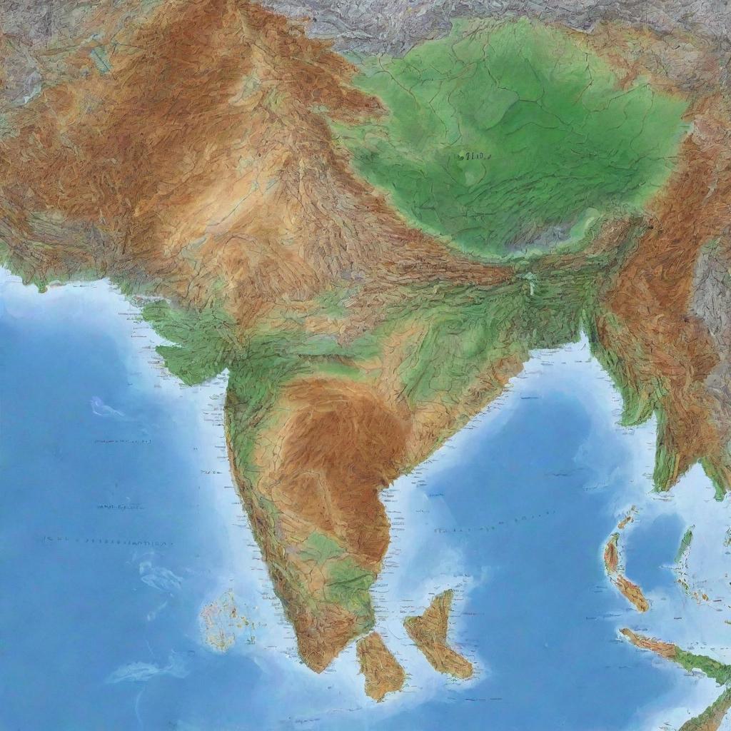 A meticulously detailed contour map of India, prominently featuring the country's diverse topography with multiple elevation levels.