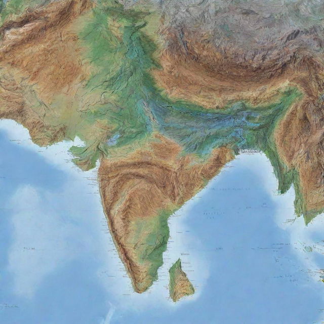 A meticulously detailed contour map of India, prominently featuring the country's diverse topography with multiple elevation levels.