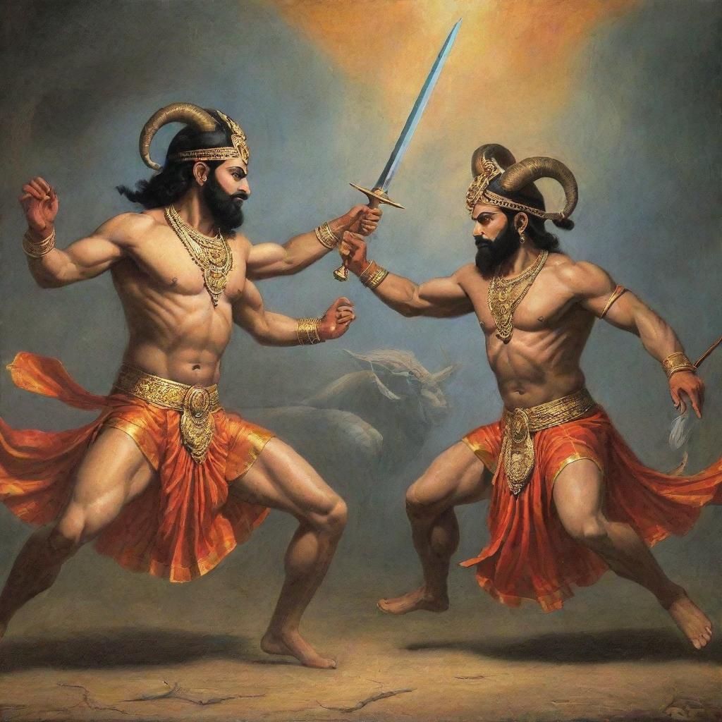 Epic scene showing Ram, the heroic deity from the Indian epic Ramayana, engaged in a fierce duel with a formidable demon.