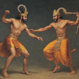 Epic scene showing Ram, the heroic deity from the Indian epic Ramayana, engaged in a fierce duel with a formidable demon.