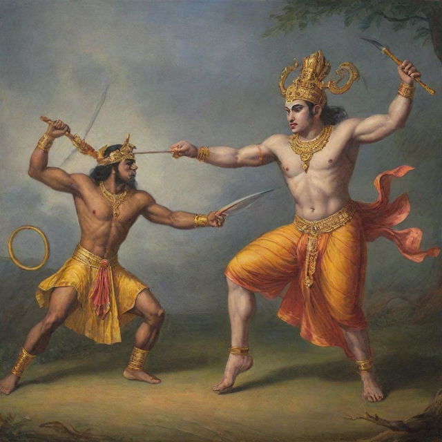 Epic scene showing Ram, the heroic deity from the Indian epic Ramayana, engaged in a fierce duel with a formidable demon.