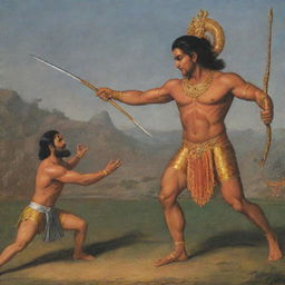 Epic scene showing Ram, the heroic deity from the Indian epic Ramayana, engaged in a fierce duel with a formidable demon.