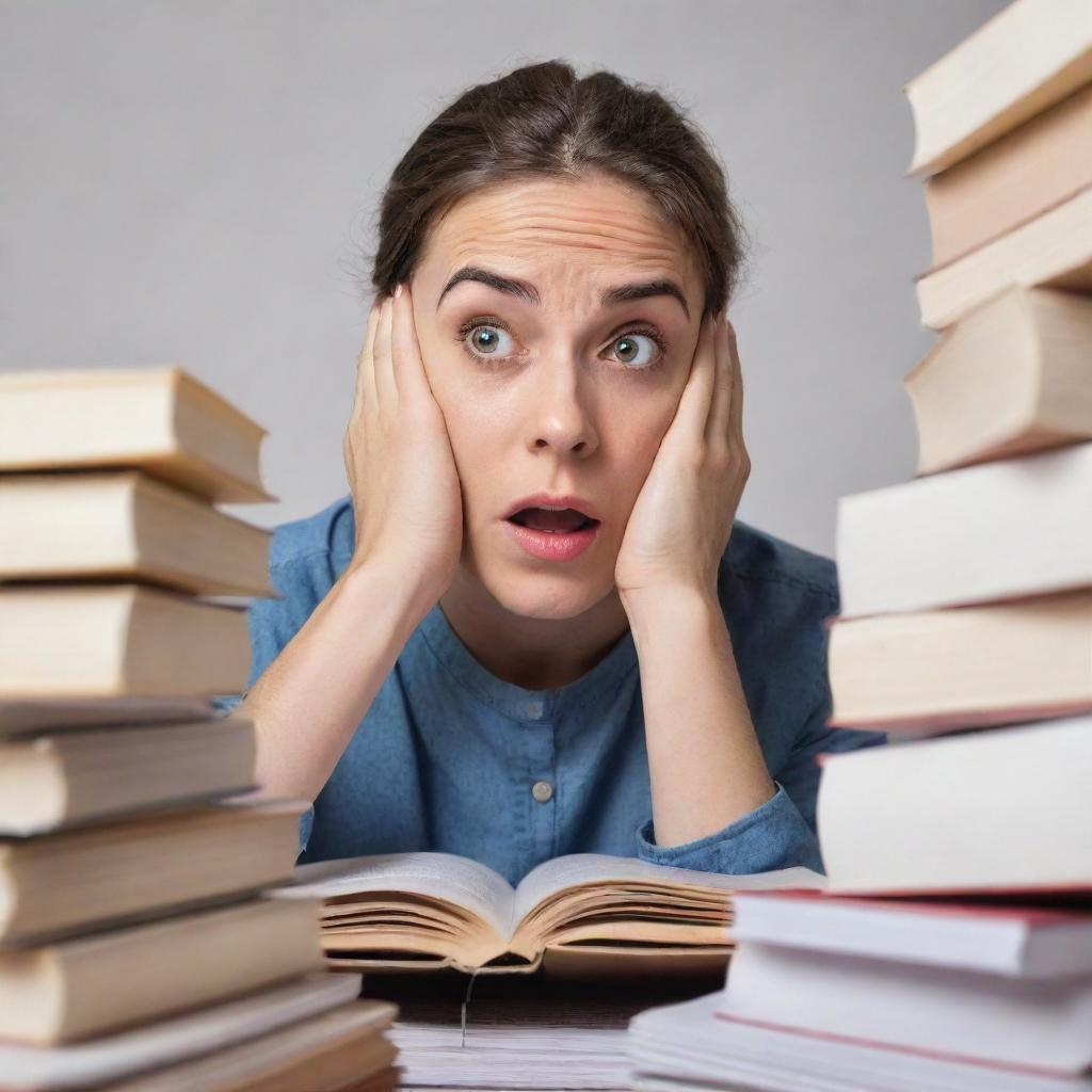 An anxious student with a stressed expression, eyes wide and brows furrowed, looking at a pile of books and papers