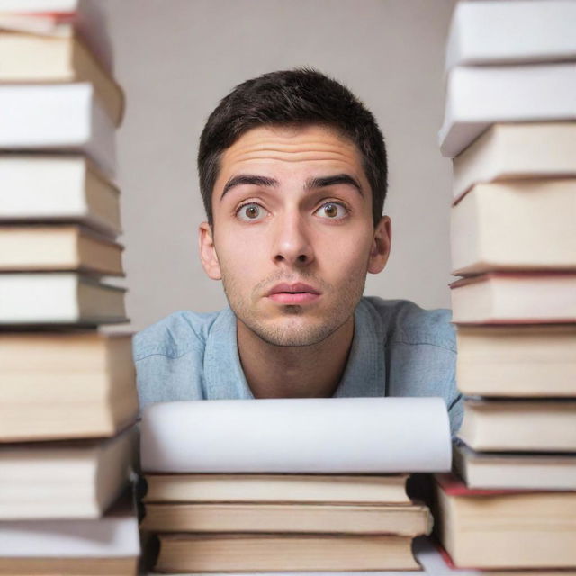 An anxious student with a stressed expression, eyes wide and brows furrowed, looking at a pile of books and papers