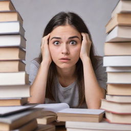 An anxious student with a stressed expression, eyes wide and brows furrowed, looking at a pile of books and papers