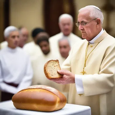 During the Holy Communion service, the priest blesses a loaf of bread before distributing it to the congregation.