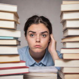 An anxious student with a stressed expression, eyes wide and brows furrowed, looking at a pile of books and papers