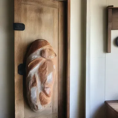The rustic farmhouse had a beautiful kitchen with a large wooden loaf of bread carved into the door.