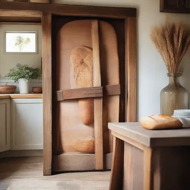 The rustic farmhouse had a beautiful kitchen with a large wooden loaf of bread carved into the door.