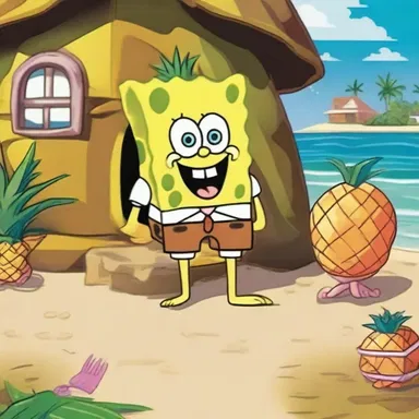 The character SpongeBob SquarePants tends to loaf around his pineapple house in Bikini Bottom.