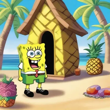 The character SpongeBob SquarePants tends to loaf around his pineapple house in Bikini Bottom.