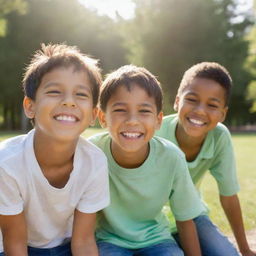 Three beautiful young boys with radiant smiles, playing in a sun-filled park.