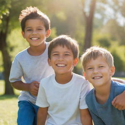 Three beautiful young boys with radiant smiles, playing in a sun-filled park.