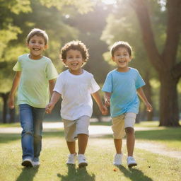 Three beautiful young boys with radiant smiles, playing in a sun-filled park.