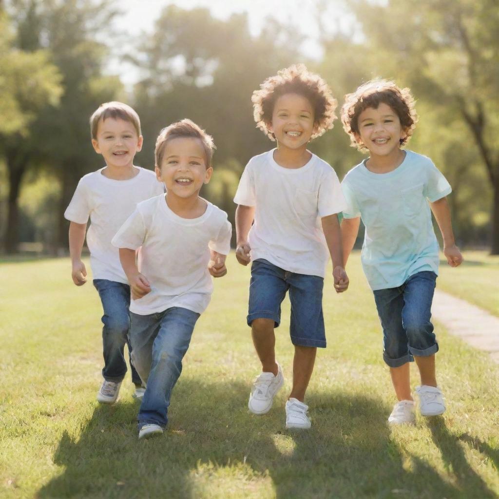 Three beautiful young boys with radiant smiles, playing in a sun-filled park.