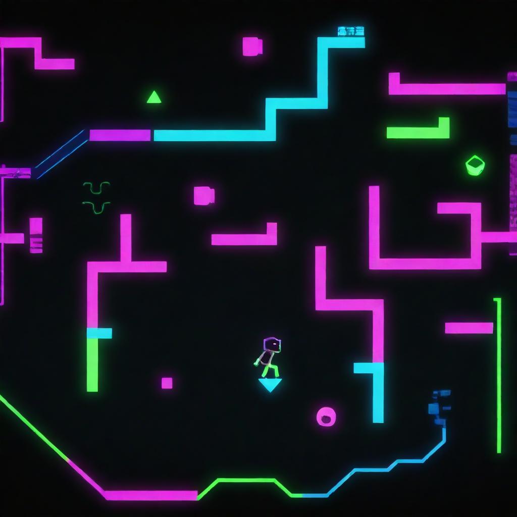 A black silhouette of a player intensely engaged in Geometry Dash, illuminated by the vibrant neon colors of the game interface: intense blues, pinks, and greens, tracing a complex pattern of geometric shapes.