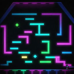 A black silhouette of a player intensely engaged in Geometry Dash, illuminated by the vibrant neon colors of the game interface: intense blues, pinks, and greens, tracing a complex pattern of geometric shapes.