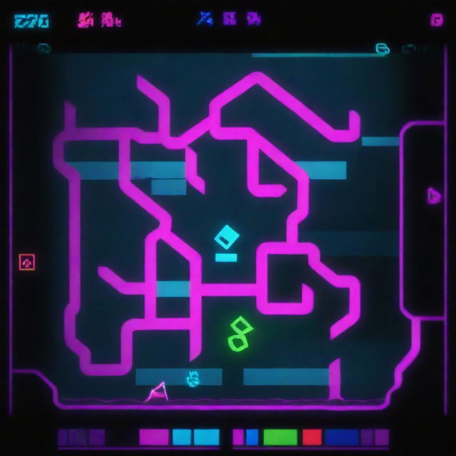 A black silhouette of a player intensely engaged in Geometry Dash, illuminated by the vibrant neon colors of the game interface: intense blues, pinks, and greens, tracing a complex pattern of geometric shapes.