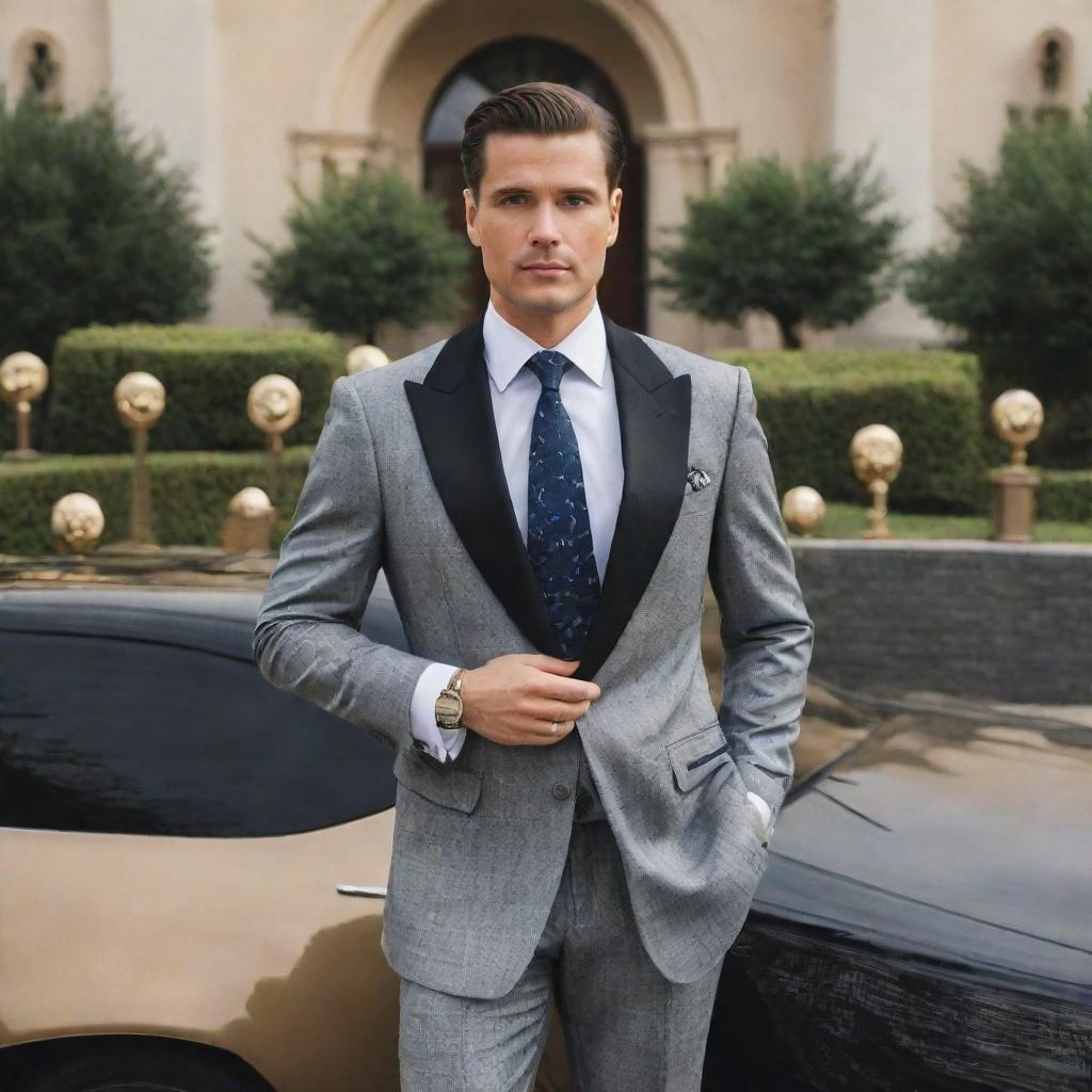 An elegant and sophisticated man in a designer suit, surrounded by symbols of wealth like luxury cars, mansions, private jets, and sacks of money.