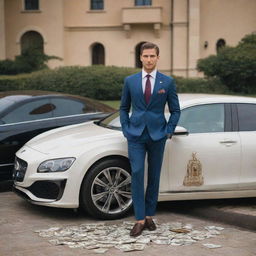 An elegant and sophisticated man in a designer suit, surrounded by symbols of wealth like luxury cars, mansions, private jets, and sacks of money.