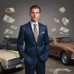 An elegant and sophisticated man in a designer suit, surrounded by symbols of wealth like luxury cars, mansions, private jets, and sacks of money.