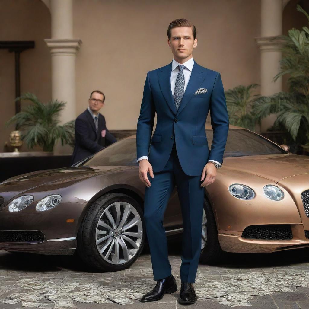 An elegant and sophisticated man in a designer suit, surrounded by symbols of wealth like luxury cars, mansions, private jets, and sacks of money.