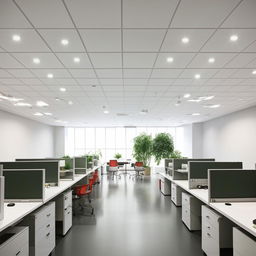 Modern workstation space, minimalistic design, very few plants, grid features, minimal panel ceiling lighting.