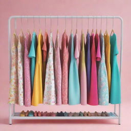 A cartoon-style picture of a clothing rack brimming with a variety of fun and vibrant dresses in different styles and colors