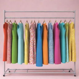 A cartoon-style picture of a clothing rack brimming with a variety of fun and vibrant dresses in different styles and colors