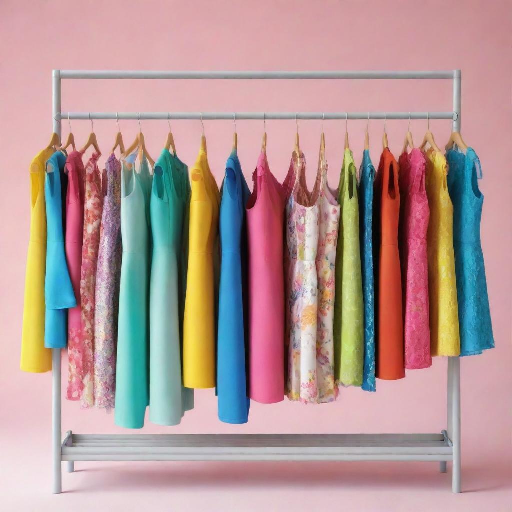 A cartoon-style picture of a clothing rack brimming with a variety of fun and vibrant dresses in different styles and colors