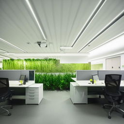 Modern workstation space, minimalistic design, very few plants, grid features, minimal panel ceiling lighting.