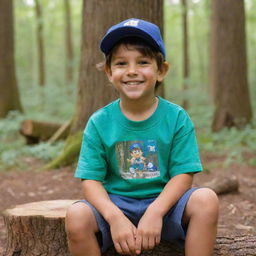 A young boy with sun-kissed skin and a cherubic smile, wearing a blue baseball cap turned backwards and a green t-shirt with cartoons, sitting on a wooden tree stump in a sun-dappled forest