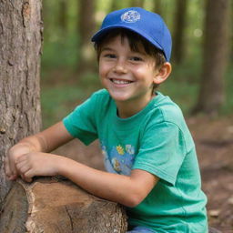 A young boy with sun-kissed skin and a cherubic smile, wearing a blue baseball cap turned backwards and a green t-shirt with cartoons, sitting on a wooden tree stump in a sun-dappled forest