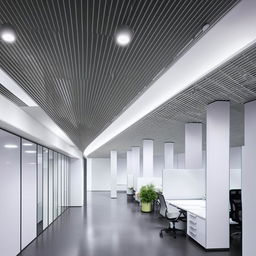 Modern workstation space, minimalistic design, very few plants, grid features, minimal panel ceiling lighting.