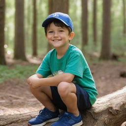 A young boy with sun-kissed skin and a cherubic smile, wearing a blue baseball cap turned backwards and a green t-shirt with cartoons, sitting on a wooden tree stump in a sun-dappled forest