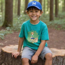 A young boy with sun-kissed skin and a cherubic smile, wearing a blue baseball cap turned backwards and a green t-shirt with cartoons, sitting on a wooden tree stump in a sun-dappled forest