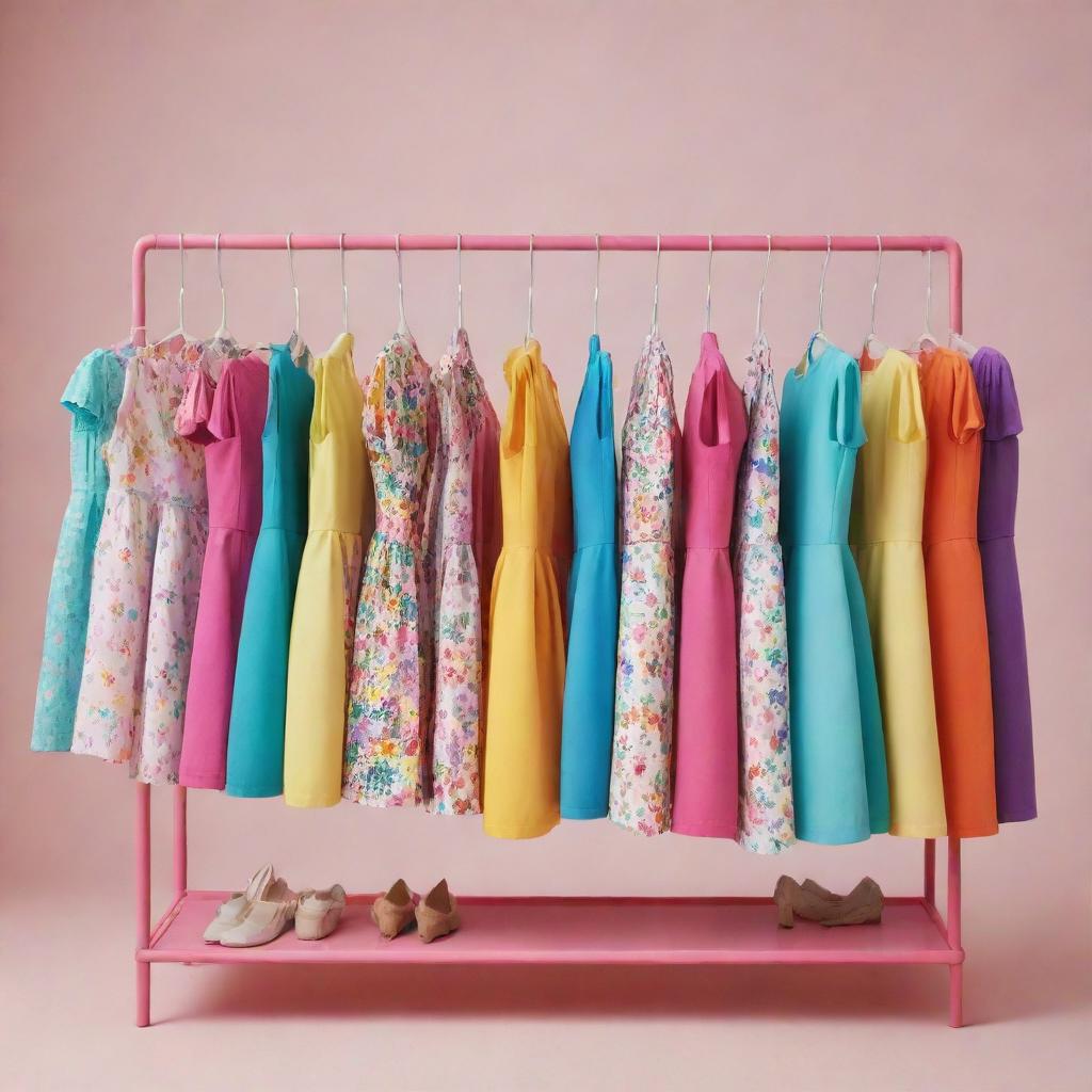 An image styled in a vibrant cartoon-like fashion showcasing a clothing rack densely populated with whimsical and colorful dresses