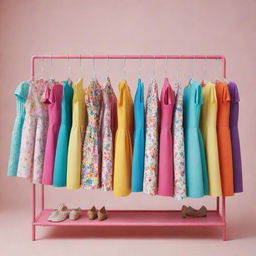 An image styled in a vibrant cartoon-like fashion showcasing a clothing rack densely populated with whimsical and colorful dresses