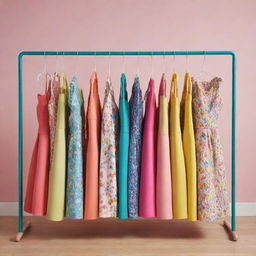 An image styled in a vibrant cartoon-like fashion showcasing a clothing rack densely populated with whimsical and colorful dresses