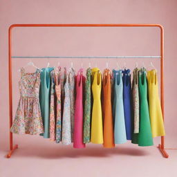 An image styled in a vibrant cartoon-like fashion showcasing a clothing rack densely populated with whimsical and colorful dresses