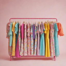 An image styled in a vibrant cartoon-like fashion showcasing a clothing rack densely populated with whimsical and colorful dresses