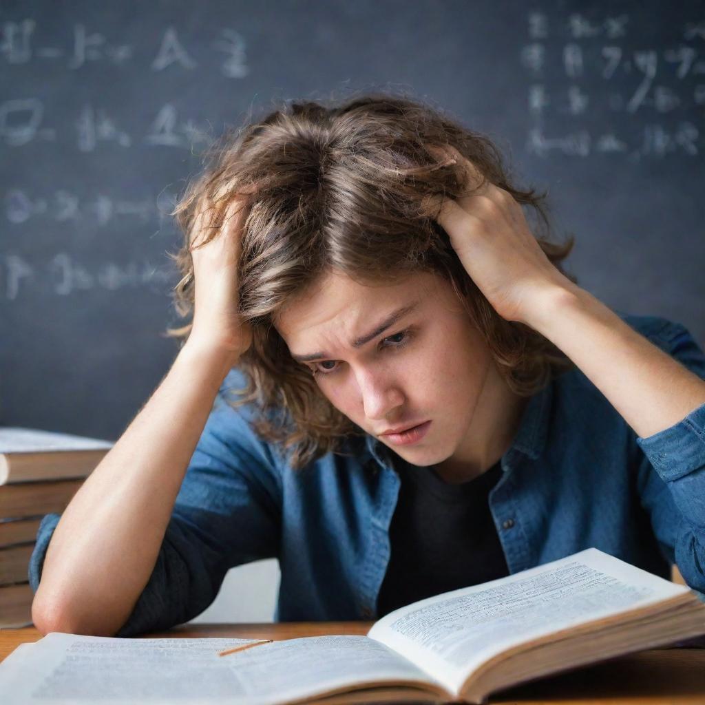 Side view of a distressed student, tightly gripping their hair in frustration, staring intently at a book with a complicated equation