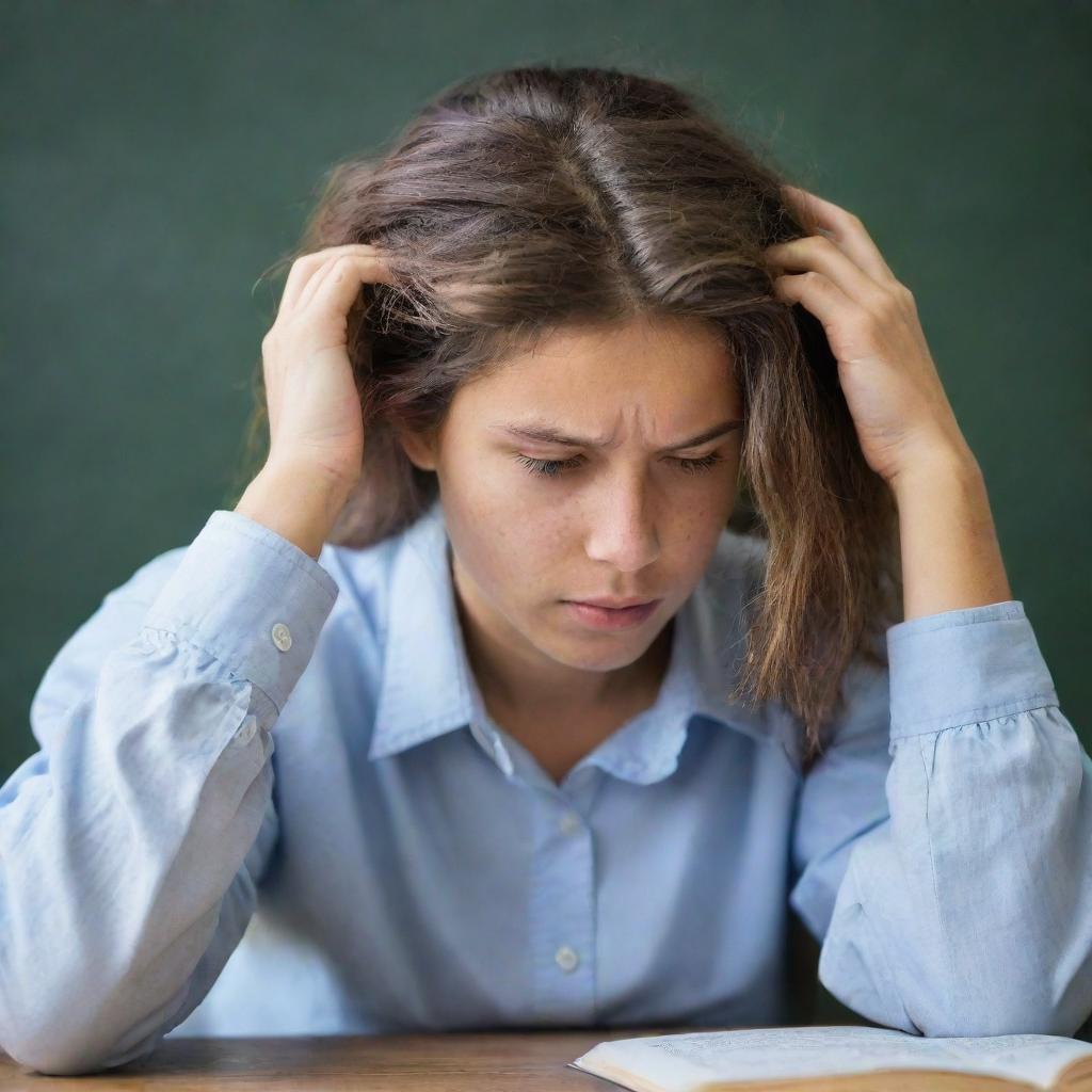 Side view of a distressed student, tightly gripping their hair in frustration, staring intently at a book with a complicated equation