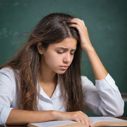 Side view of a distressed student, tightly gripping their hair in frustration, staring intently at a book with a complicated equation